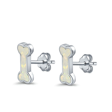 Dog Bone Stud Earrings Lab Created White Opal 925 Sterling Silver (5mm)